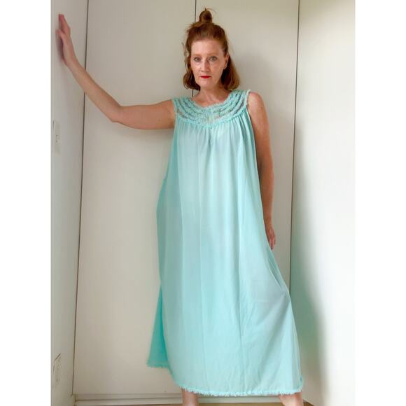 Vintage 60s Sheer Nightgown in Blue Rosette and Ruffled detail Size L/XL - Picture 1 of 8